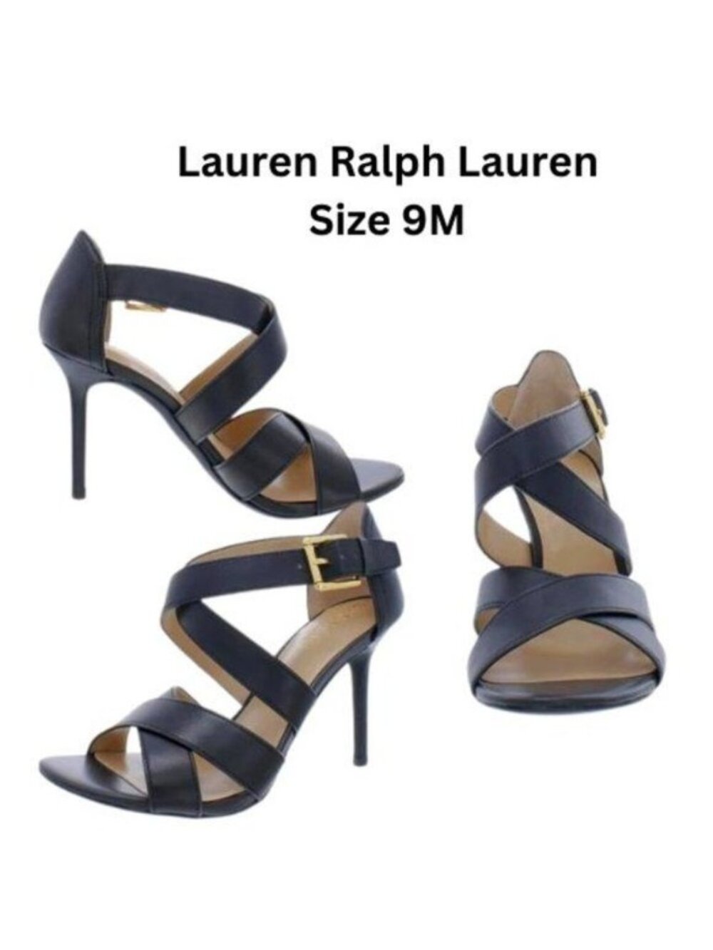 Lauren Ralph Lauren Gisella Black Leather Open Toe Heels Size 9M EUC